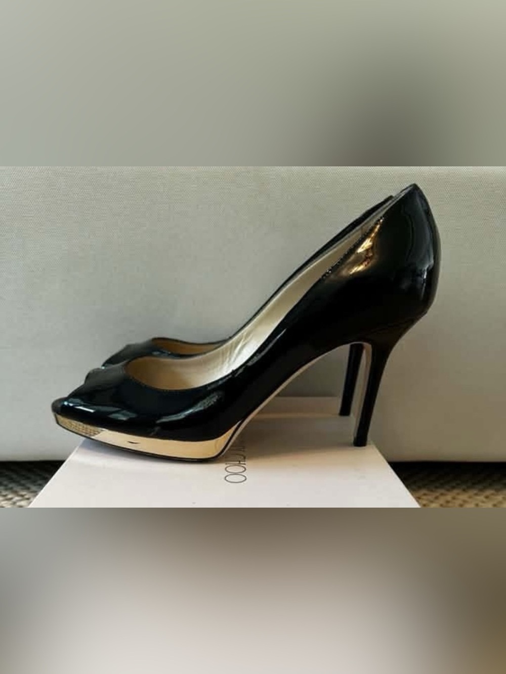 Jimmy Choo Alpha 85 Black Patent Leather Peep-Toe Pumps w/ Metallic Platform